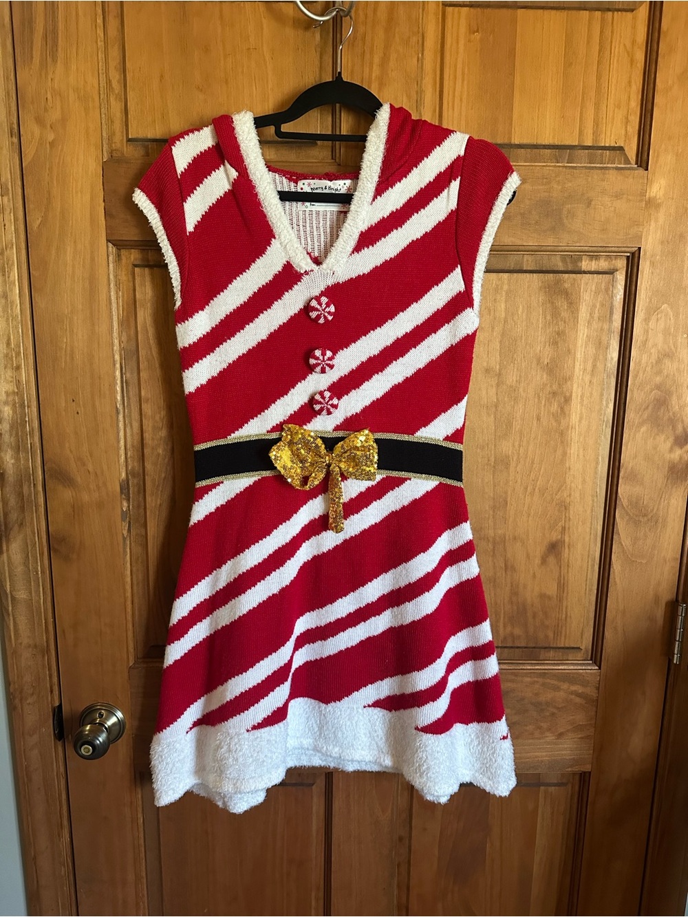 Christmas dress Red & White Striped Candy Cane Midi Dress with Gold Bow Size M/L